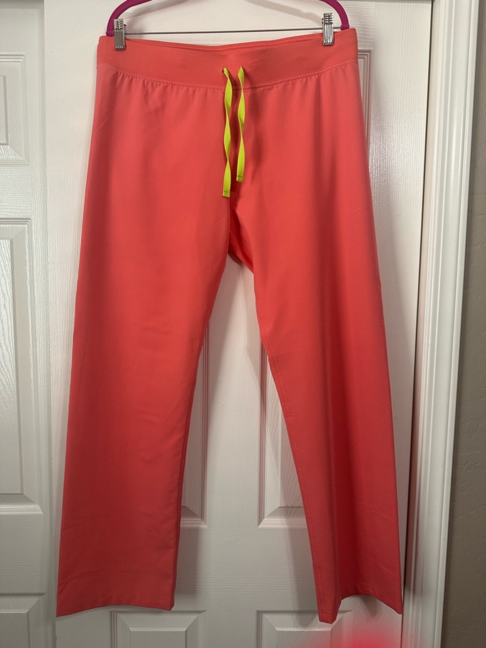 Coral Drawstring Wide Leg Scrub Pants with Neon Yellow Tie